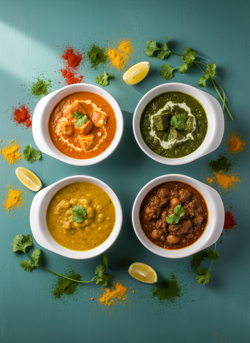 An overhead shot of a vibrant, colorful assortment of classic Indian dishes, each arranged in white rounded ceramic bowls with gleaming glazed finishes. The bright orange of creamy paneer butter masala, emerald green palak paneer, golden-yellow dal, and deep brown chana masala stand out against a matte turquoise wooden table. Scattered whimsical splashes of spice powders, fresh cilantro sprigs, and lemon wedges enhance the playful layout. Soft, diffused daylight filters in from the side, creating energetic highlights and subtle shadows around the compositions. Captured at a bird’s eye view, every dish pops with photographic realism and exaggerated colors, exuding a joyful, inviting mood that reflects the playful spirit of Foodilicious.