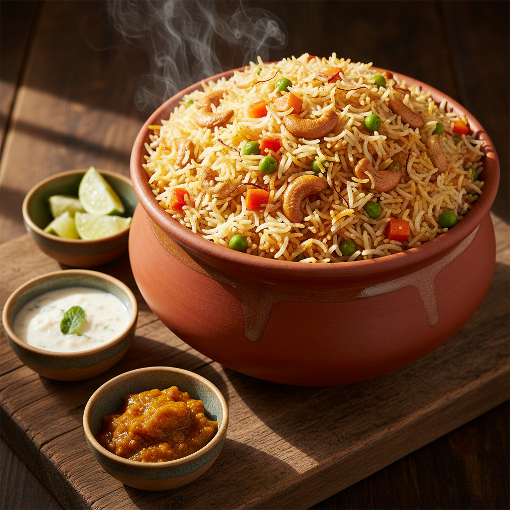 A close-up shot of a fluffy, perfectly layered vegetable biryani spilling out of a large, round glazed clay pot. Each rice grain is distinctly visible, studded with saffron, roasted cashews, peas, and vibrant diced carrots for bursts of color. The pot sits atop a rustic wooden board, surrounded by small rounded bowls of chilled raita, tangy mango pickle, and lime wedges. Bright, direct natural lighting highlights the steam rising from the biryani and intensifies the jewel-toned colors, casting lively, energetic shadows. The image is framed with a slight angle, focusing on the textures and vibrant hues, fitting a photographic yet whimsical, playful style that makes the meal look irresistible.
